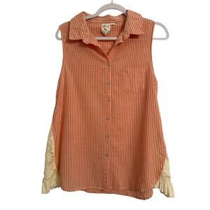 White Crow Women's L Boho‎ Pink Stripe Crochet Sleeveless Button Tunic Top Beach